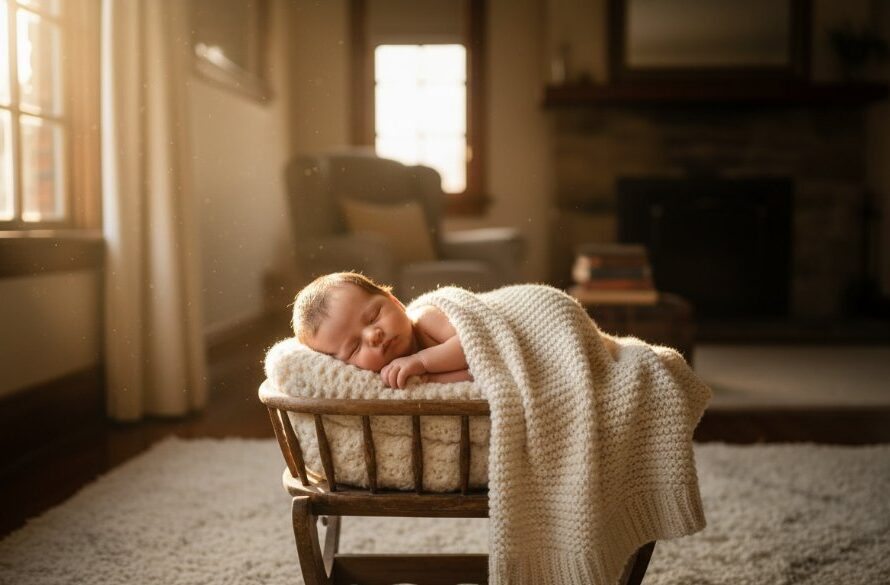 A heartwarming, professional photograph showcasing precious newborn lifestyle photography Brown Hill moments, with a baby sleeping peacefully in a rustic wooden bassinet bathed in soft, natural window light in a cosy Brown Hill home, capturing a serene and timeless family scene with a dramatic, painterly quality.