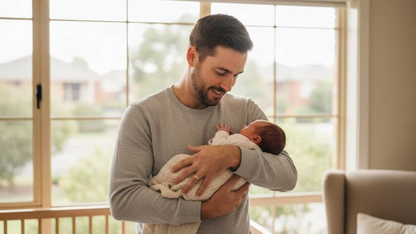 An intimate, heartwarming moment captured through newborn lifestyle photography Kings Park Victoria, showing a new father gently holding his baby in a sunlit room, evoking pure love and connection, with soft, professional lighting.