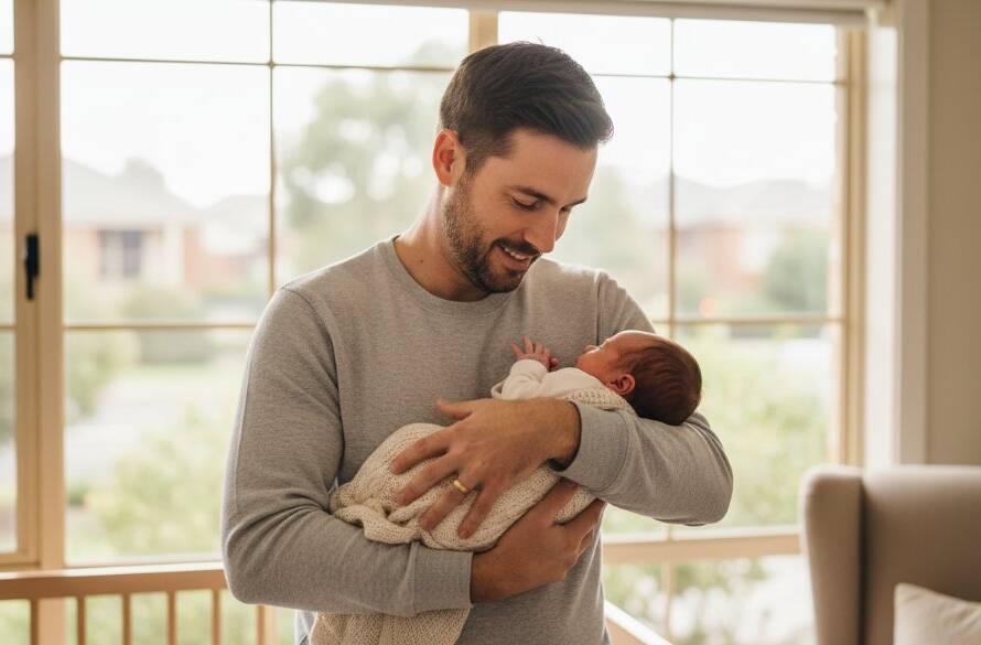 An intimate, heartwarming moment captured through newborn lifestyle photography Kings Park Victoria, showing a new father gently holding his baby in a sunlit room, evoking pure love and connection, with soft, professional lighting.