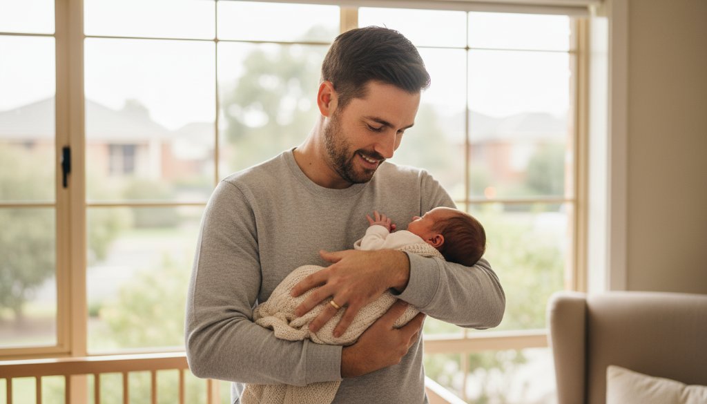 An intimate, heartwarming moment captured through newborn lifestyle photography Kings Park Victoria, showing a new father gently holding his baby in a sunlit room, evoking pure love and connection, with soft, professional lighting.