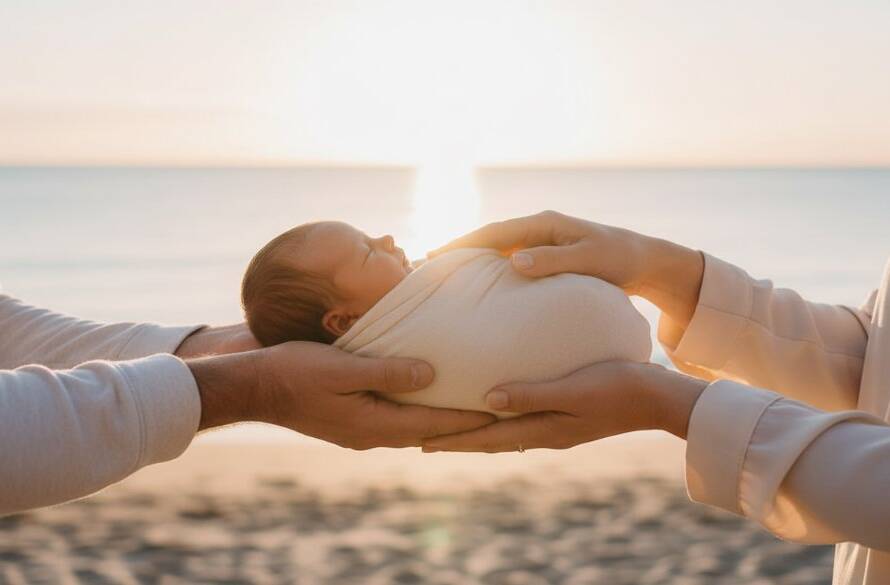 A stunning, dreamlike photograph of a newborn baby gently cradled in parents' hands on Bonbeach, with the soft morning light reflecting off Port Phillip Bay, capturing newborn photography Bonbeach soulful family moments in an epic, professional shot.