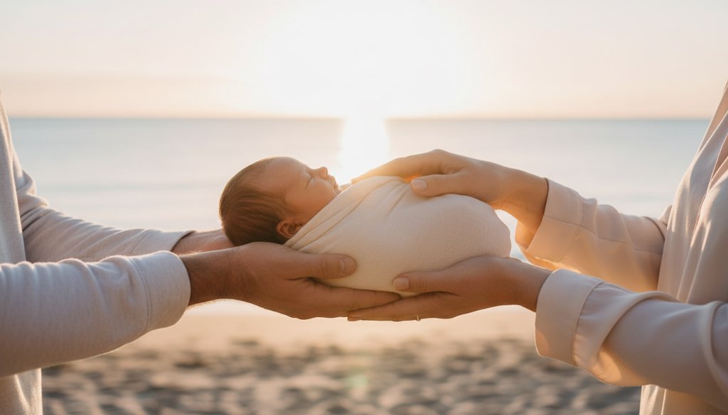 A stunning, dreamlike photograph of a newborn baby gently cradled in parents' hands on Bonbeach, with the soft morning light reflecting off Port Phillip Bay, capturing newborn photography Bonbeach soulful family moments in an epic, professional shot.