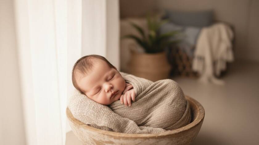 A tender, high-angle professional photograph capturing a sleeping newborn baby swaddled in soft cream fabric, nestled peacefully in a rustic wooden basket, with the gentle, hazy sunlight of a Brighton Victoria beachside morning filtering through, creating a warm and ethereal glow.