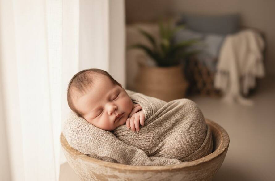 A tender, high-angle professional photograph capturing a sleeping newborn baby swaddled in soft cream fabric, nestled peacefully in a rustic wooden basket, with the gentle, hazy sunlight of a Brighton Victoria beachside morning filtering through, creating a warm and ethereal glow.