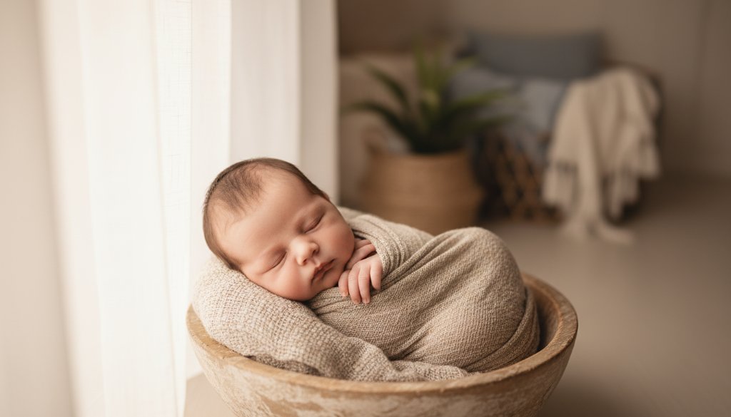 A tender, high-angle professional photograph capturing a sleeping newborn baby swaddled in soft cream fabric, nestled peacefully in a rustic wooden basket, with the gentle, hazy sunlight of a Brighton Victoria beachside morning filtering through, creating a warm and ethereal glow.
