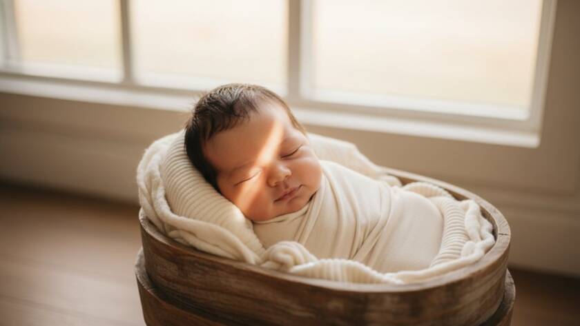 A tender and artistic newborn photography Clyde Victoria timeless portraits featuring a sleeping baby wrapped in soft fabric, bathed in warm, ethereal light, capturing a serene and epic moment of new life.