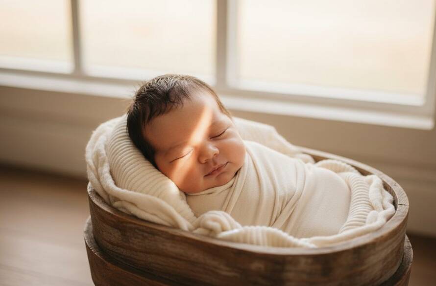 A tender and artistic newborn photography Clyde Victoria timeless portraits featuring a sleeping baby wrapped in soft fabric, bathed in warm, ethereal light, capturing a serene and epic moment of new life.
