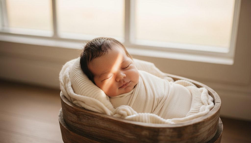 A tender and artistic newborn photography Clyde Victoria timeless portraits featuring a sleeping baby wrapped in soft fabric, bathed in warm, ethereal light, capturing a serene and epic moment of new life.