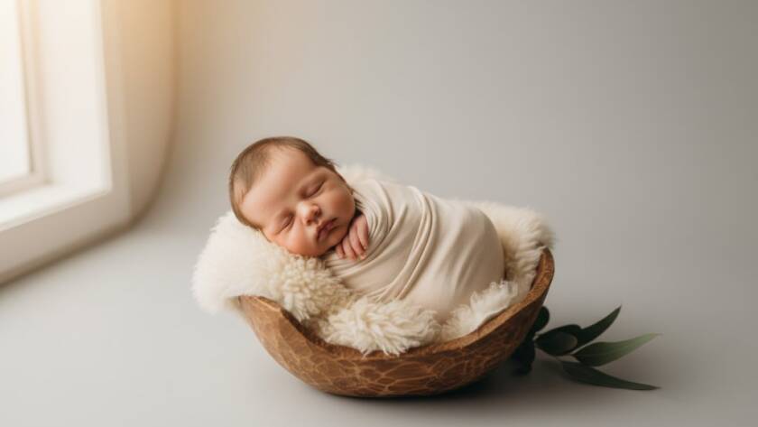 A heartwarming, professionally colour-graded photograph capturing a serene newborn baby in Croydon South, Victoria, sleeping soundly amidst soft, natural light, symbolising the tender artistry of newborn photography Croydon South Victoria. The baby is swaddled in a delicate cream wrap, nestled in a vintage wooden basket adorned with subtle eucalyptus leaves, bathed in golden hour light filtering through a window, creating a dreamy and ethereal 'epic moment' of new life.