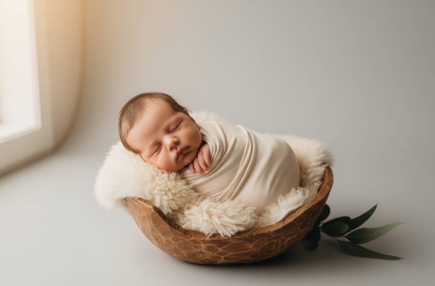 A heartwarming, professionally colour-graded photograph capturing a serene newborn baby in Croydon South, Victoria, sleeping soundly amidst soft, natural light, symbolising the tender artistry of newborn photography Croydon South Victoria. The baby is swaddled in a delicate cream wrap, nestled in a vintage wooden basket adorned with subtle eucalyptus leaves, bathed in golden hour light filtering through a window, creating a dreamy and ethereal 'epic moment' of new life.