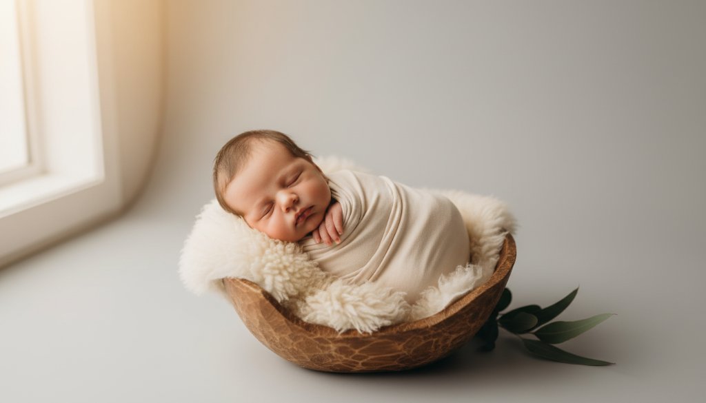 A heartwarming, professionally colour-graded photograph capturing a serene newborn baby in Croydon South, Victoria, sleeping soundly amidst soft, natural light, symbolising the tender artistry of newborn photography Croydon South Victoria. The baby is swaddled in a delicate cream wrap, nestled in a vintage wooden basket adorned with subtle eucalyptus leaves, bathed in golden hour light filtering through a window, creating a dreamy and ethereal 'epic moment' of new life.
