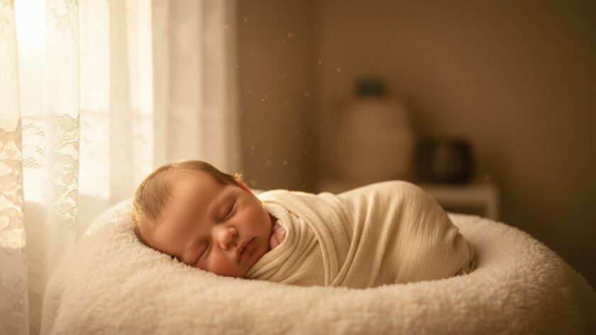 An ethereal close-up of a newborn baby in a soft, dreamy pose during a newborn photography Hamlyn Heights gentle session, bathed in warm, soft light through a lace curtain, evoking pure innocence and peace.