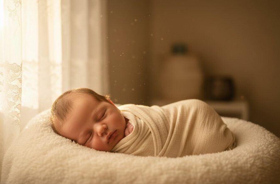 An ethereal close-up of a newborn baby in a soft, dreamy pose during a newborn photography Hamlyn Heights gentle session, bathed in warm, soft light through a lace curtain, evoking pure innocence and peace.