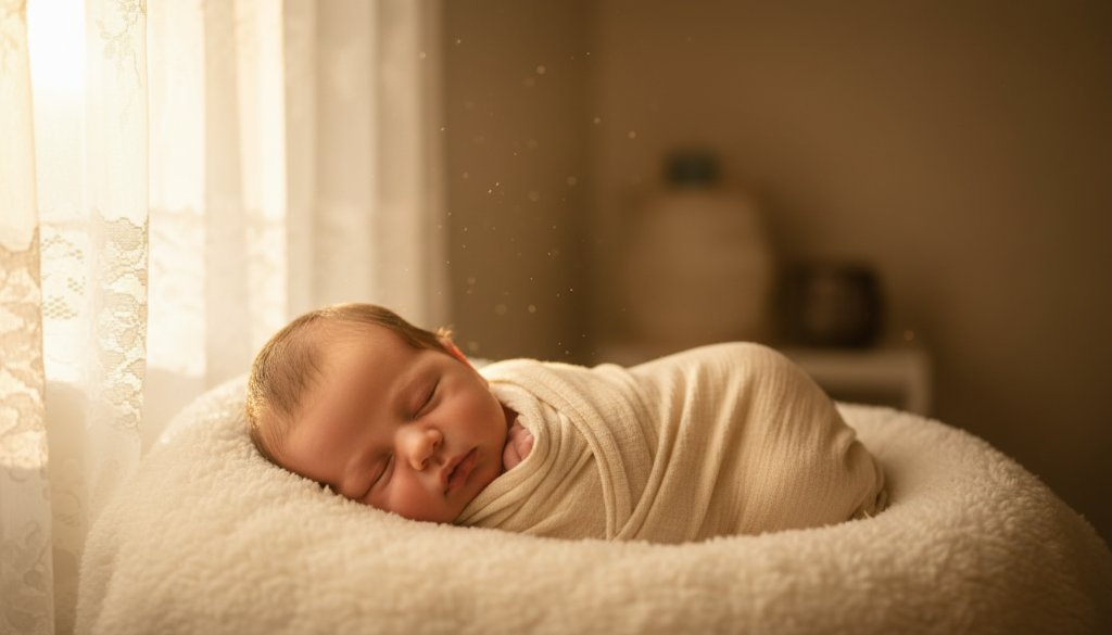 An ethereal close-up of a newborn baby in a soft, dreamy pose during a newborn photography Hamlyn Heights gentle session, bathed in warm, soft light through a lace curtain, evoking pure innocence and peace.
