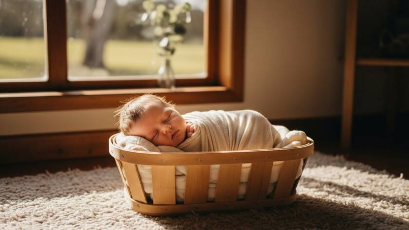 A serene newborn baby in a delicate wrap, gently held in a parent's hands, bathed in soft, ethereal light from a window in a rustic The Basin home, symbolizing the preciousness of newborn photography packages in The Basin Victoria.