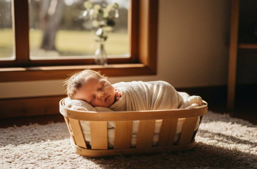 A serene newborn baby in a delicate wrap, gently held in a parent's hands, bathed in soft, ethereal light from a window in a rustic The Basin home, symbolizing the preciousness of newborn photography packages in The Basin Victoria.