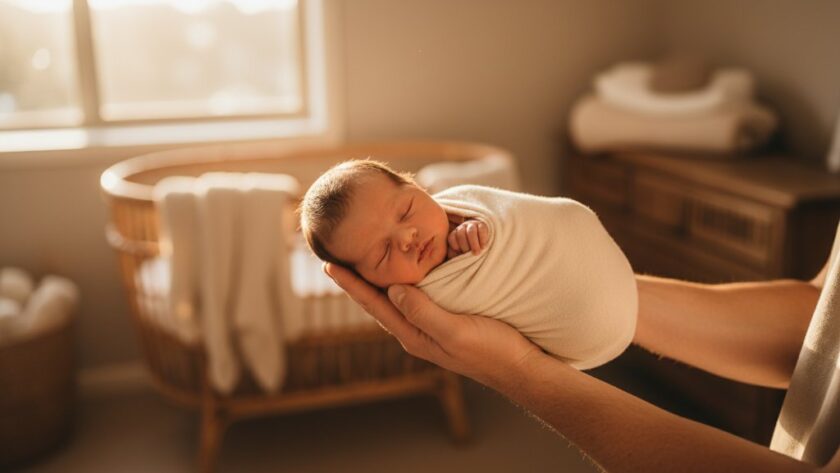 A serene and heartwarming close-up of a newborn baby's tiny hand gently grasping a parent's finger, illuminated by soft window light, showcasing the tender connection during a newborn photography session in Wendouree Victoria, capturing an epic moment of new family love.