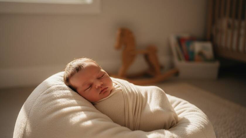 A heartwarming and intimate moment of newborn photography in Surrey Hills, Victoria, featuring a peacefully sleeping baby swaddled in soft fabric, held gently in a parent's hands, bathed in a soft, golden light filtering through a window, evoking precious early memories and the tender bond of family.