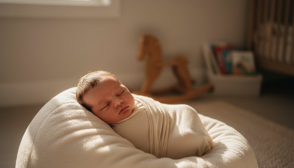 A heartwarming and intimate moment of newborn photography in Surrey Hills, Victoria, featuring a peacefully sleeping baby swaddled in soft fabric, held gently in a parent's hands, bathed in a soft, golden light filtering through a window, evoking precious early memories and the tender bond of family.