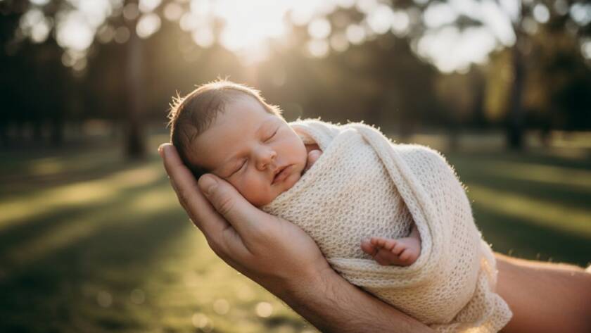 A serene and breathtaking newborn photography Wheelers Hill precious moments shot, featuring a baby swaddled in soft white, gently held by a parent's hands, bathed in golden hour light filtering through eucalyptus trees in a Wheelers Hill park, capturing an epic, tender connection.