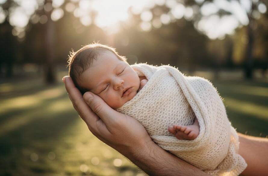 A serene and breathtaking newborn photography Wheelers Hill precious moments shot, featuring a baby swaddled in soft white, gently held by a parent's hands, bathed in golden hour light filtering through eucalyptus trees in a Wheelers Hill park, capturing an epic, tender connection.