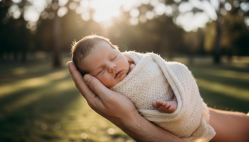 A serene and breathtaking newborn photography Wheelers Hill precious moments shot, featuring a baby swaddled in soft white, gently held by a parent's hands, bathed in golden hour light filtering through eucalyptus trees in a Wheelers Hill park, capturing an epic, tender connection.