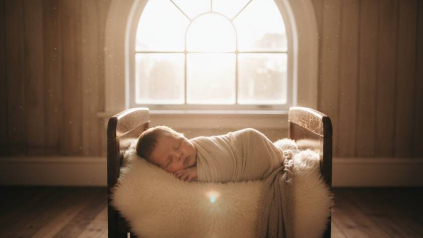 A dramatic, cinematic photograph capturing newborn photography Williamstown Victoria special moments, featuring a baby peacefully asleep in a rustic wooden basket, surrounded by soft, natural light filtering through the window of a historic Williamstown home, with parents' hands gently cradling the basket, evoking warmth and connection and professional colour grading.