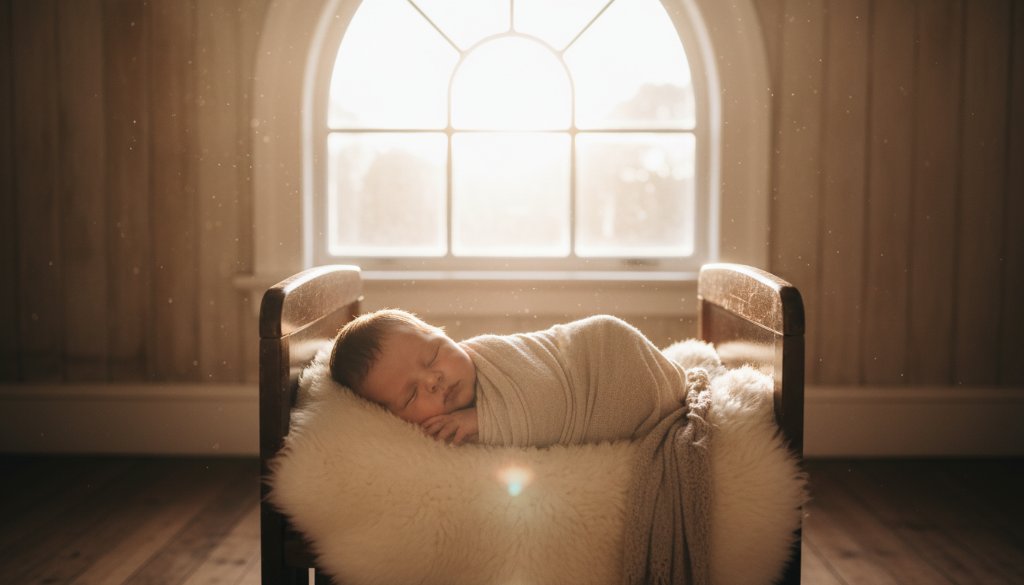 A dramatic, cinematic photograph capturing newborn photography Williamstown Victoria special moments, featuring a baby peacefully asleep in a rustic wooden basket, surrounded by soft, natural light filtering through the window of a historic Williamstown home, with parents' hands gently cradling the basket, evoking warmth and connection and professional colour grading.