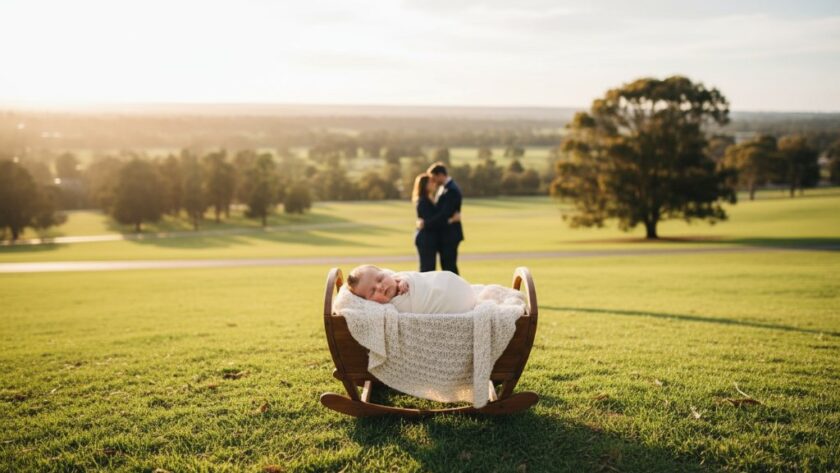 A heartwarming, professional wide-angle photograph capturing a Newborough baby photography natural light family session. A proud father gently holds his newborn baby, bathed in soft, golden hour natural light filtering through eucalyptus trees in a serene Newborough park, with the mother lovingly looking on. The scene evokes a sense of peace and new beginnings, expertly composed with a shallow depth of field and warm, cinematic colour grading.