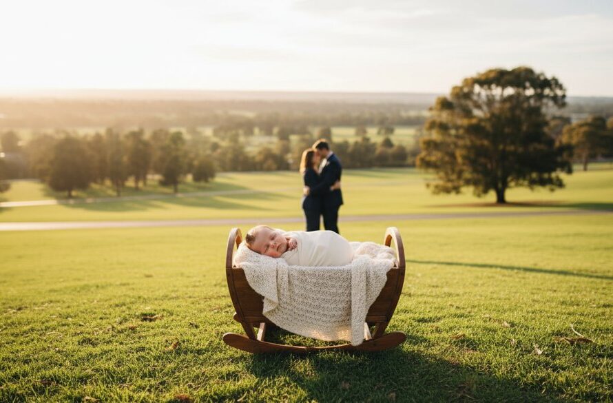 A heartwarming, professional wide-angle photograph capturing a Newborough baby photography natural light family session. A proud father gently holds his newborn baby, bathed in soft, golden hour natural light filtering through eucalyptus trees in a serene Newborough park, with the mother lovingly looking on. The scene evokes a sense of peace and new beginnings, expertly composed with a shallow depth of field and warm, cinematic colour grading.