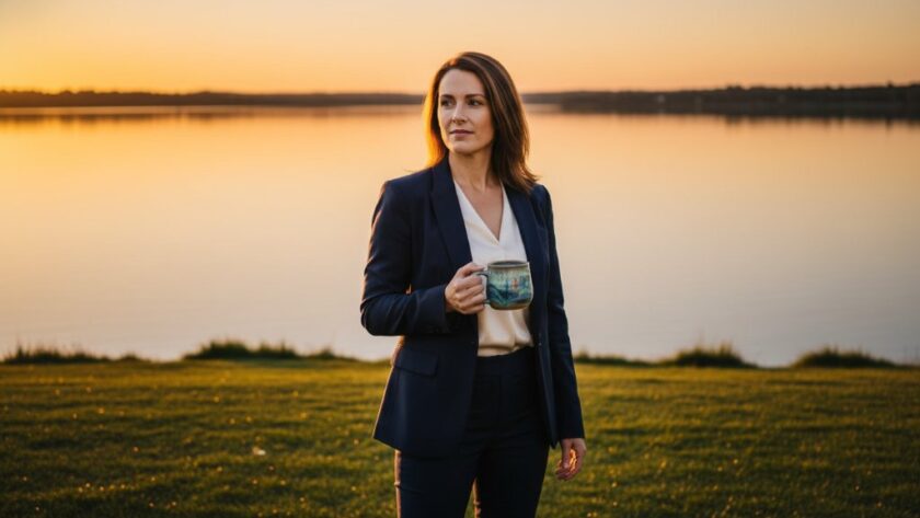 A Newborough business owner, dressed in stylish casual wear, confidently overlooks Lake Narracan at sunset, holding a product reflecting warm light, embodying strong Newborough business branding photography. The scene is dramatic with golden hour light.