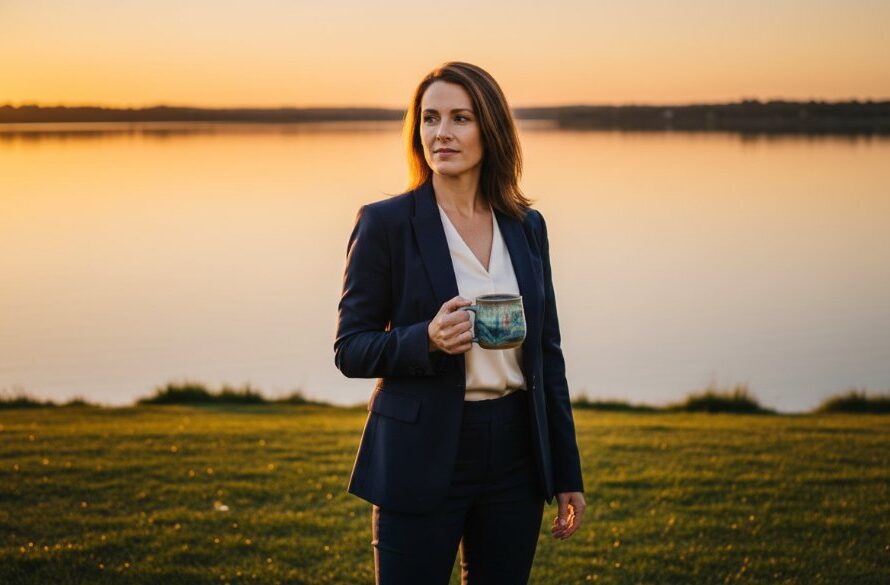 A Newborough business owner, dressed in stylish casual wear, confidently overlooks Lake Narracan at sunset, holding a product reflecting warm light, embodying strong Newborough business branding photography. The scene is dramatic with golden hour light.