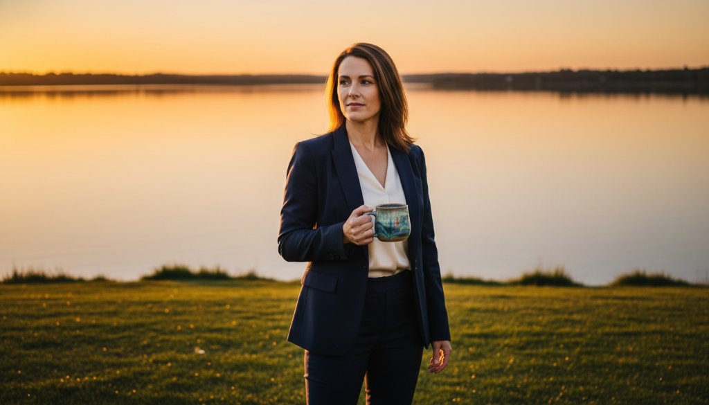 A Newborough business owner, dressed in stylish casual wear, confidently overlooks Lake Narracan at sunset, holding a product reflecting warm light, embodying strong Newborough business branding photography. The scene is dramatic with golden hour light.