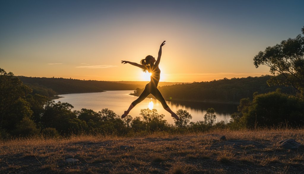 Dynamic wide shot capturing a female contemporary dancer in mid-air, silhouetted against a golden Newborough sunset, showcasing breathtaking Newborough contemporary dance photography with dramatic flair and powerful emotion.