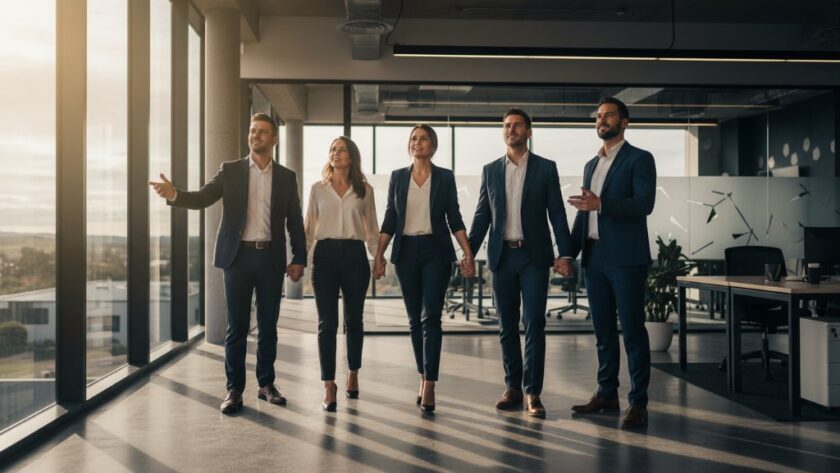 An epic moment captured: a diverse team of professionals in Newborough looking confidently towards the future, embodying the spirit of Newborough Corporate Photography for Local Business Impact, with dramatic lighting and professional colour grading.