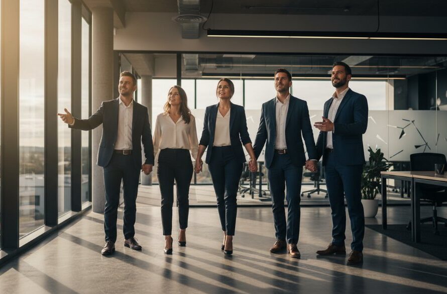 An epic moment captured: a diverse team of professionals in Newborough looking confidently towards the future, embodying the spirit of Newborough Corporate Photography for Local Business Impact, with dramatic lighting and professional colour grading.