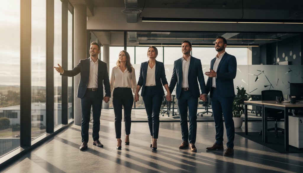 An epic moment captured: a diverse team of professionals in Newborough looking confidently towards the future, embodying the spirit of Newborough Corporate Photography for Local Business Impact, with dramatic lighting and professional colour grading.