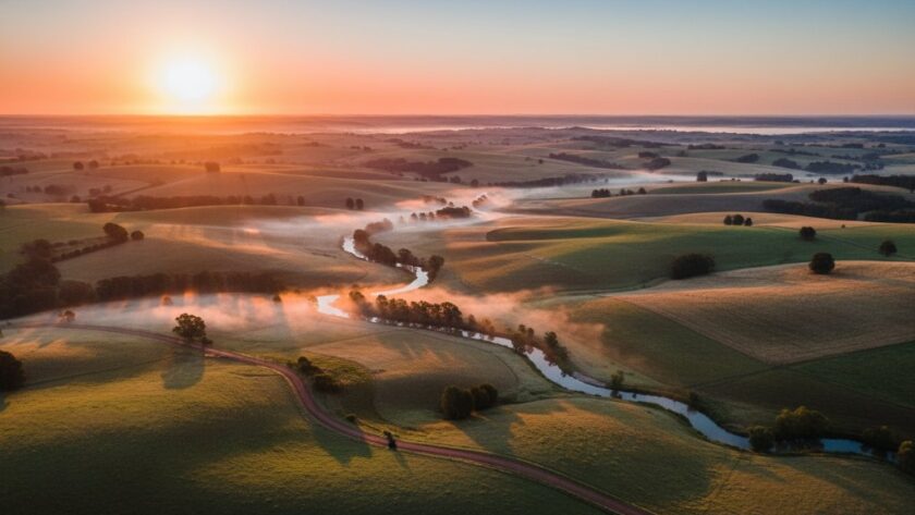 Newborough drone photography scenic Latrobe Valley vista at sunrise, capturing a dramatic aerial view of rolling hills, a winding river, and distant fog, evoking a sense of tranquility and grandeur.