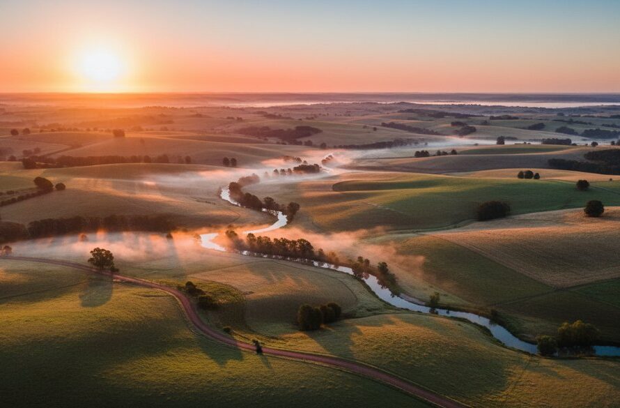 Newborough drone photography scenic Latrobe Valley vista at sunrise, capturing a dramatic aerial view of rolling hills, a winding river, and distant fog, evoking a sense of tranquility and grandeur.