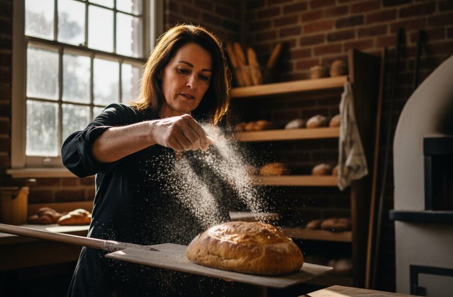 Dynamic Newborough editorial photography for local businesses capturing a chef passionately presenting a freshly baked artisan bread in a rustic bakery, with dramatic natural light filtering through a window, highlighting the texture and detail.