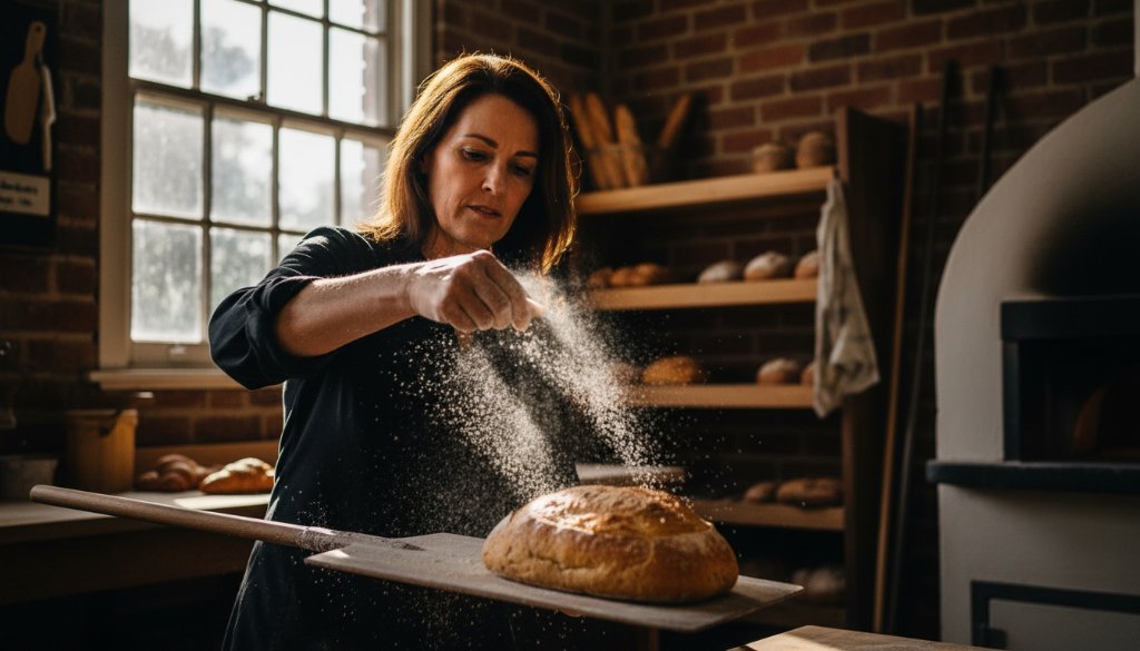 Dynamic Newborough editorial photography for local businesses capturing a chef passionately presenting a freshly baked artisan bread in a rustic bakery, with dramatic natural light filtering through a window, highlighting the texture and detail.