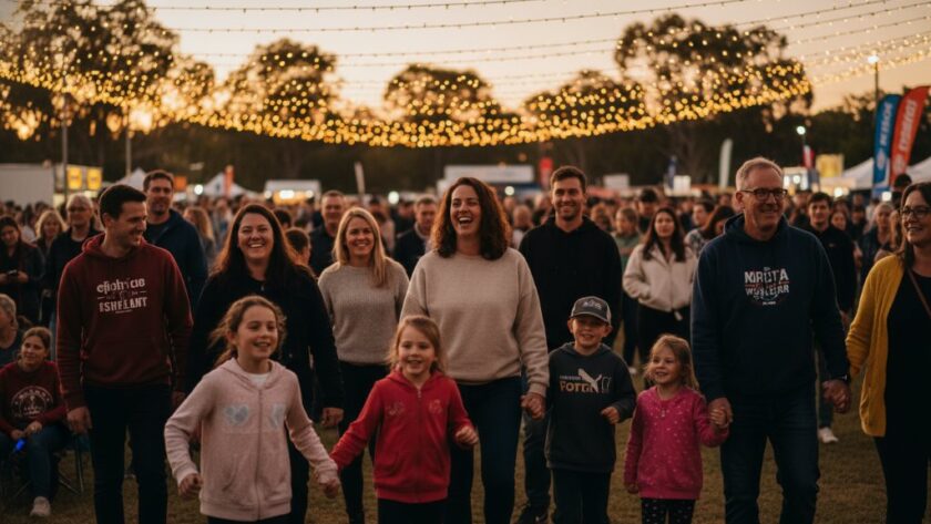 An epic moment of joyful celebration captured by Newborough event photography capturing authentic moments, showing guests laughing under string lights at a twilight outdoor event in a Newborough park, with professional dramatic lighting and warm tones.