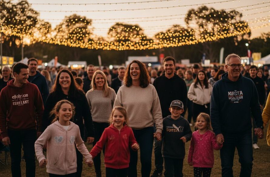 An epic moment of joyful celebration captured by Newborough event photography capturing authentic moments, showing guests laughing under string lights at a twilight outdoor event in a Newborough park, with professional dramatic lighting and warm tones.