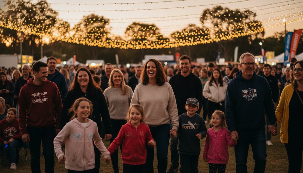 An epic moment of joyful celebration captured by Newborough event photography capturing authentic moments, showing guests laughing under string lights at a twilight outdoor event in a Newborough park, with professional dramatic lighting and warm tones.