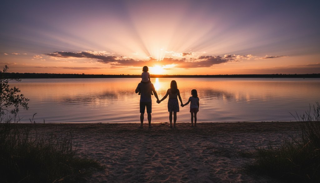 An emotive wide-angle shot by a Newborough family photographer capturing genuine moments, featuring a family silhouetted against a golden hour sunset over the tranquil Lake Narracan, parents embracing children as they laugh, with warm, cinematic lighting and professional colour grading.