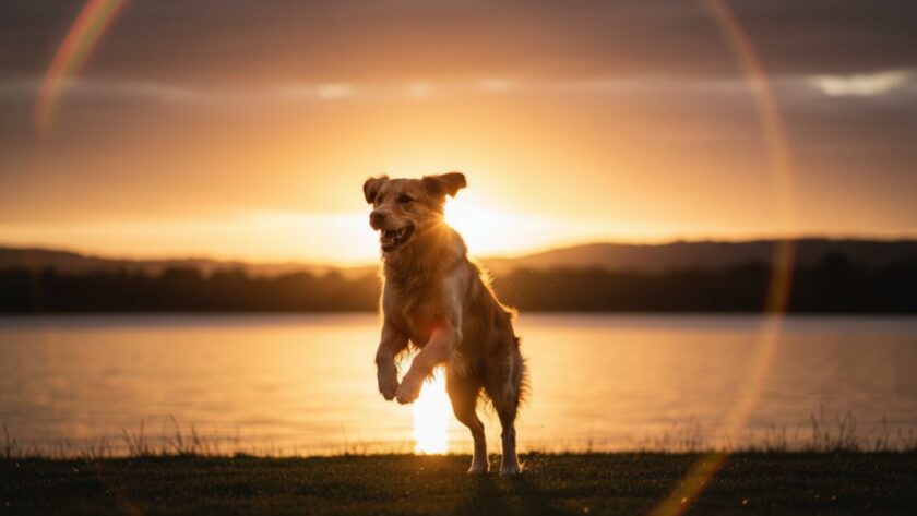 An epic moment captured through Newborough pet photography, showing a golden retriever leaping gracefully through sunlit long grass in Newborough's Lake Narracan Reserve, pure joy and energy in golden hour light.