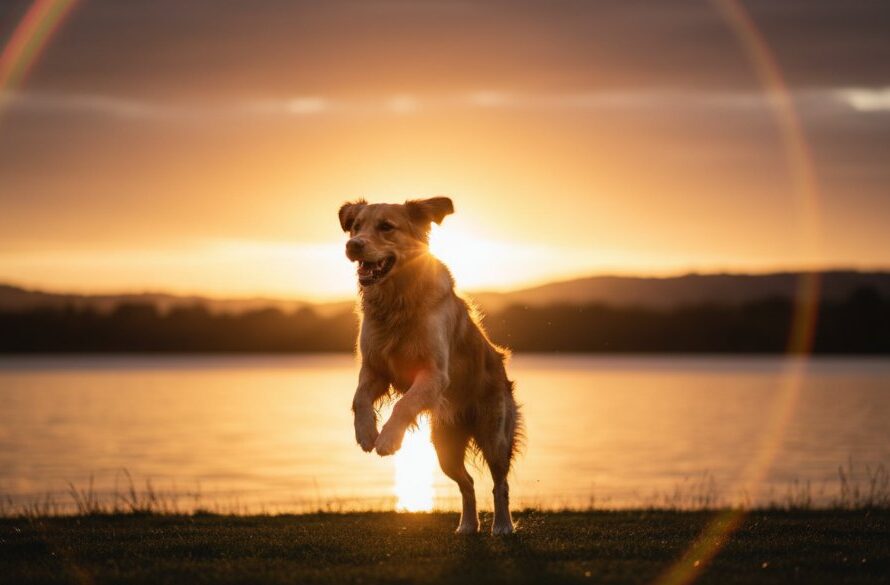 An epic moment captured through Newborough pet photography, showing a golden retriever leaping gracefully through sunlit long grass in Newborough's Lake Narracan Reserve, pure joy and energy in golden hour light.