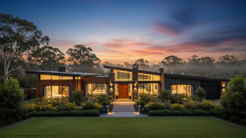 A breathtaking panoramic twilight shot of a modern family home in Newborough, bathed in the warm glow of interior lights and a vibrant sunset, perfectly showcasing expert Newborough property photography for top sales.