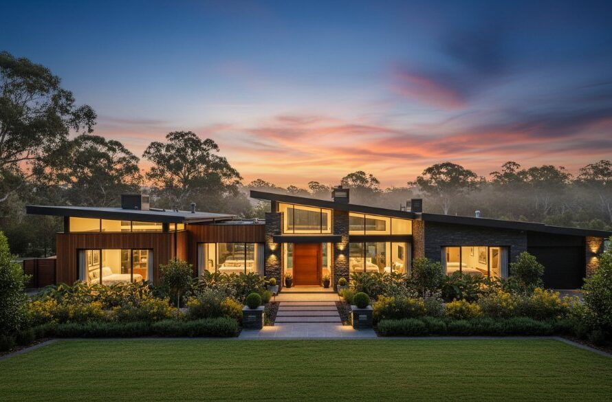 A breathtaking panoramic twilight shot of a modern family home in Newborough, bathed in the warm glow of interior lights and a vibrant sunset, perfectly showcasing expert Newborough property photography for top sales.