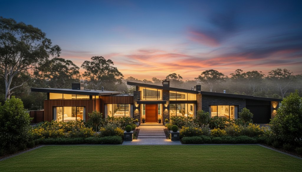 A breathtaking panoramic twilight shot of a modern family home in Newborough, bathed in the warm glow of interior lights and a vibrant sunset, perfectly showcasing expert Newborough property photography for top sales.